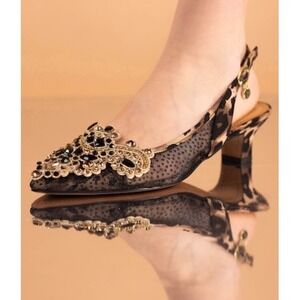 J. Renee Women's Slingback Heels Pointed Toe Leopard Jeweled Kitten 11 WIDE NEW